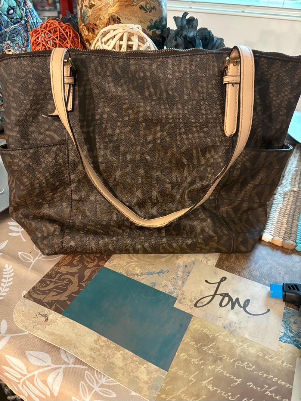 Michael Kors Brown Logo Tote Bag with Cream Handles project bag lots of callouts
